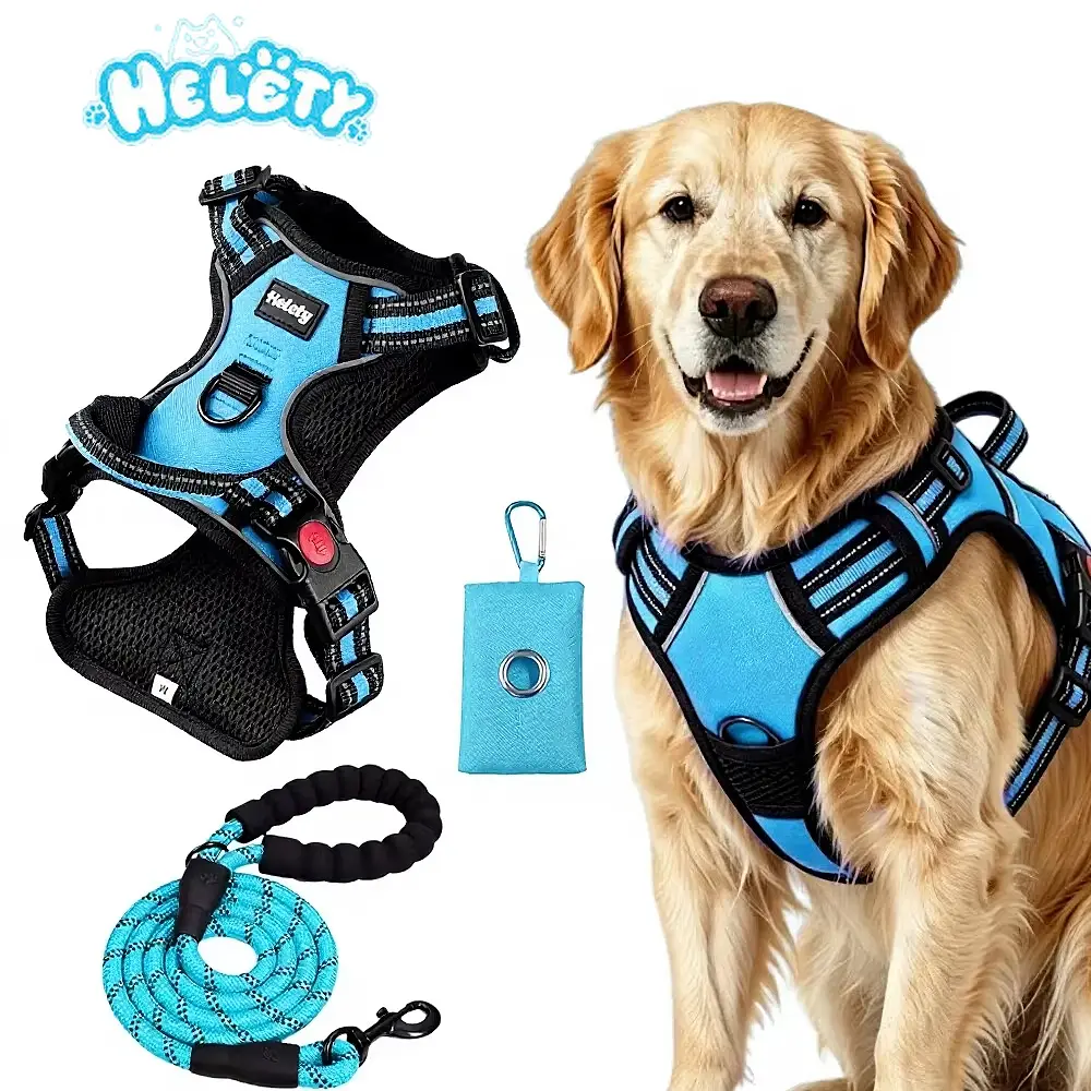 HELETY Durable Reflective Harness Leash Set - 3-in-1 Anti-Pull, No-Choke, 3M Reflective, Anti-Escape Lock, Adjustable for Small/Medium/Large Dogs, Oxford Nylon, Night Safety Strap, Poop Bag Holder, Airtag Compatible, Cooling for Walking & Outdoor Travel,