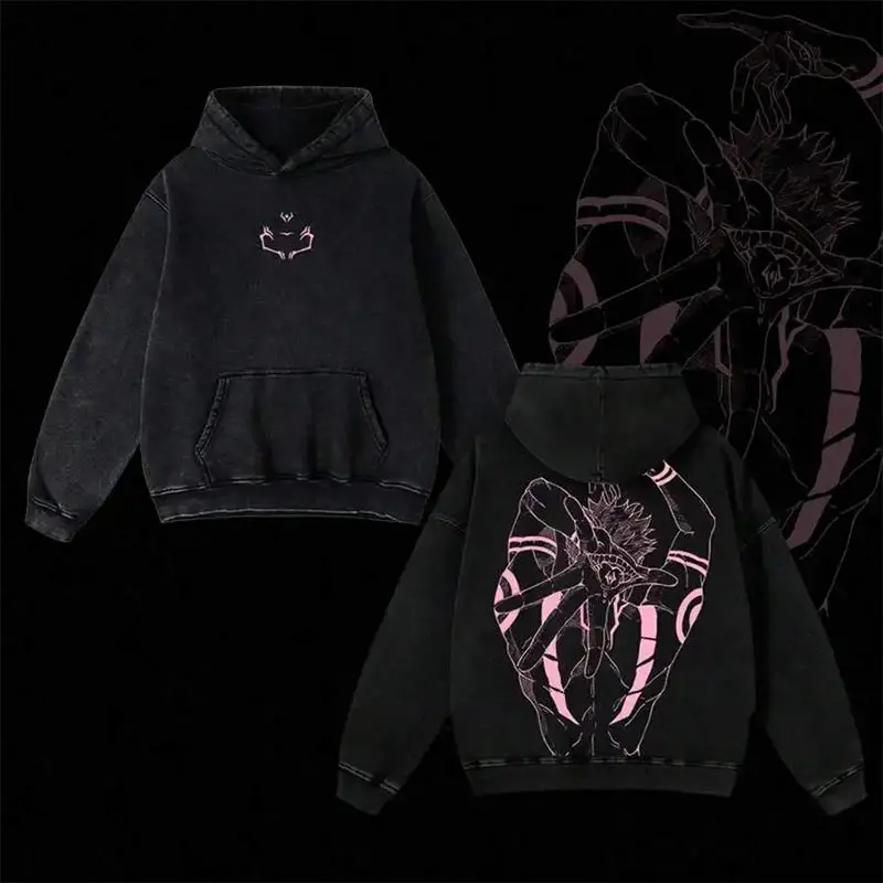 Jujutsu Kaisen JJK Ryomen Sukuna Vintage Hoodie - Oversized Acid Wash Distressed Streetwear - King of Curses Graphic Pullover