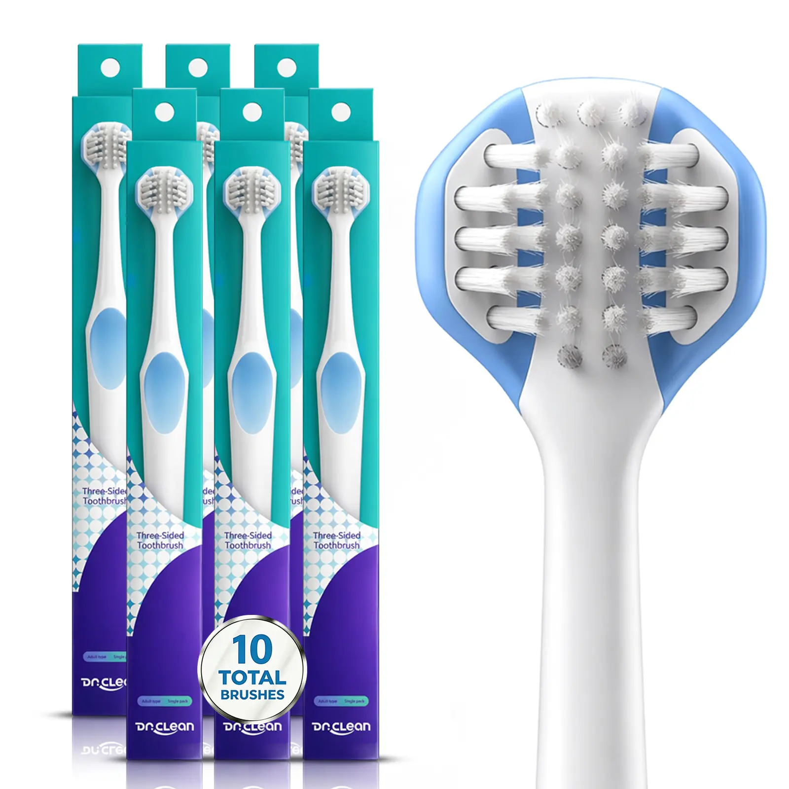 DR.CLEAN 3-Way U-Shaped Oral Toothbrushes - 10-Pcs ABS Plastic Pack, Triple-Sided 3D Head, Soft Nylon Bristles, 360° Plaque Removal, Antibacterial, Single Stroke, for Sensitive Gums & Braces, Dental Stain Remover Disposable Daily Oral Care Tools, U Shaped