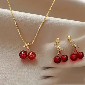 Fashion Women's 3pcs Jewelry Set - Cherry Pendant Necklace and Earrings, Necklace Stainless Steel - Non-Fading - Suitable for Casual Attire long necklace hip hop bling woman non tarnish dainty monogram statement  necklaces chain high  jewelry clear stone