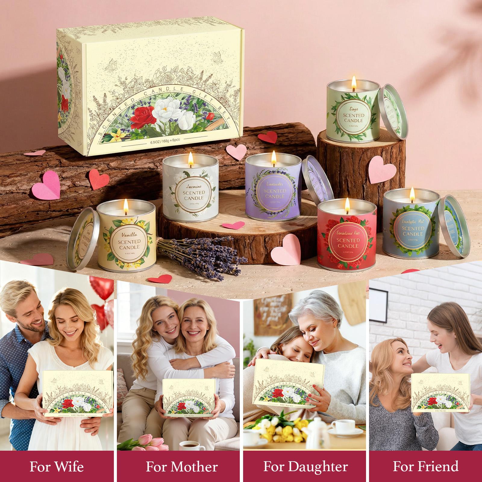 Scented Candle Gift Set for Women, 6 Pack, 39 oz Total, 6.5 oz Each, Jasmine, Lavender, Vanilla, Sage, Sandalwood Rose, Eucalyptus Mint, Aromatherapy Candles for Home, Gifts for Women
