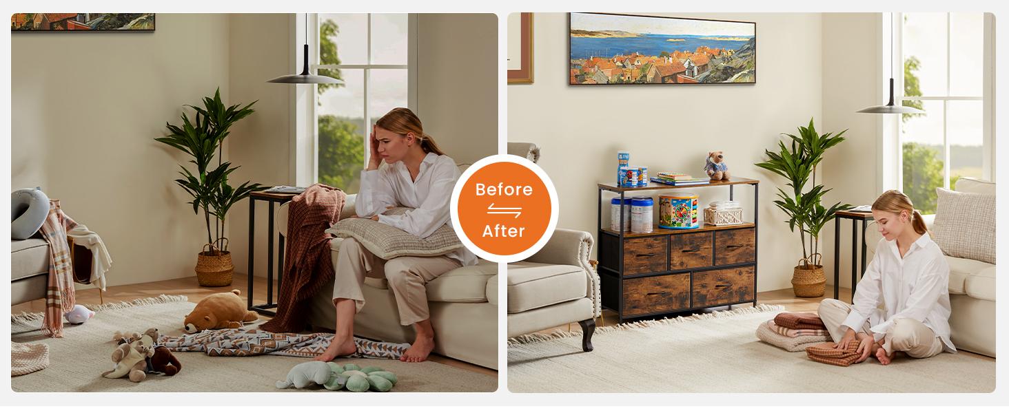 Dresser TV Stand, Entertainment Center with 5 Fabric Drawers, Media Console Table for TV with Open Storage Shelf Dresser Dresser TV Stand, Entertainment Center with 5 Fabric Drawers, Media Console Table for TV with Open Storage Shelf Dresser