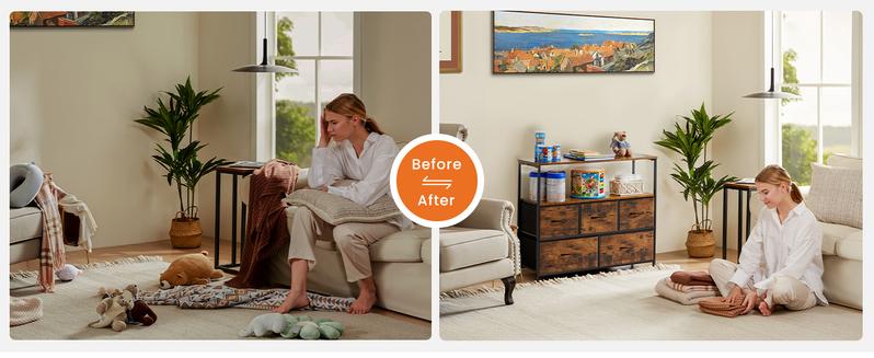 Dresser TV Stand, Entertainment Center with 5 Fabric Drawers, Media Console Table for TV with Open Storage Shelf Dresser