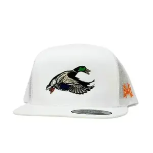 Flying Mallard Duck Trucker Hat | White Mesh Waterfowl Hunting Cap | Outdoor Snapback Hat | Classic Hunting Style Trucker Hat