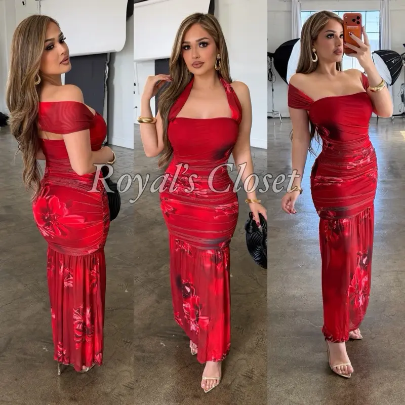 Red floral maxi summer dress
