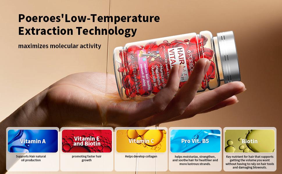 POEROES  50 Capsules Hair Oil With Argan Avocado & Moroccan  Oil - Hair Vitamins A C E Pro B5 - Hair Serum for Frizzy and Damaged Hair ， Leave In Conditioner ，Conditioner for Women & Men ， Haircare Shampoo Comfort Cleansing