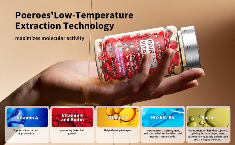 POEROES  50 Capsules Hair Oil With Argan Avocado & Moroccan  Oil - Hair Vitamins A C E Pro B5 - Hair Serum for Frizzy and Damaged Hair ， Leave In Conditioner ，Conditioner for Women & Men ， Haircare Shampoo Comfort Cleansing