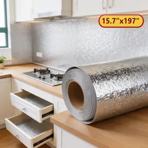 Aluminum Foil Oil Proof Wall Sticker, Self-Adhesive Waterproof Kitchen Backsplash Paper (15.7 x 197 Inches) - Heat Resistant Peel & Stick Wallpaper for Countertop, Cabinets, Stove Area, Easy to Clean