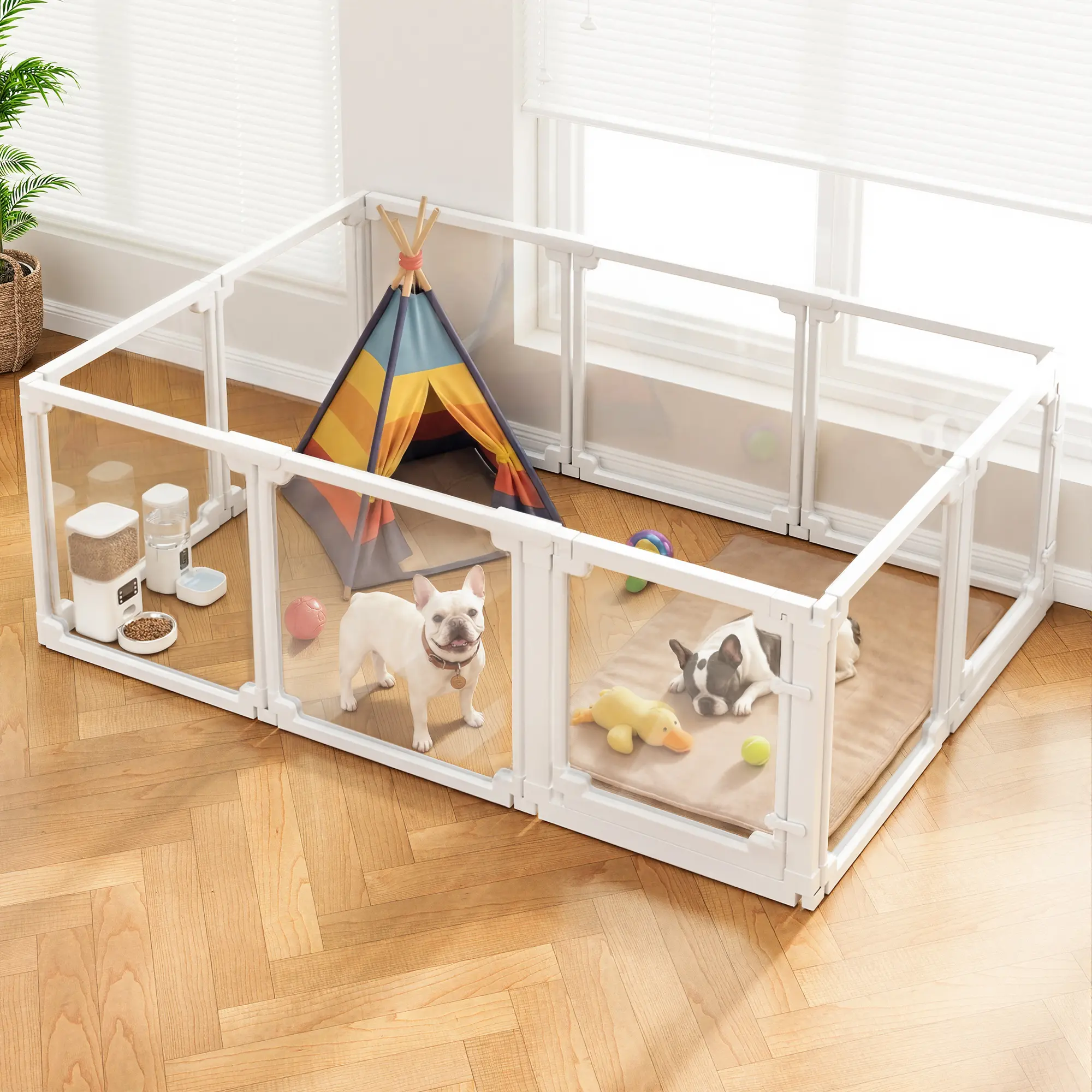 BUCATSTATE Acrylic Clear Puppy Play Pen | 15.5 sq ft Spacious Indoor Playpen, 23.6" Tall, Tool-Free Assembly Enclosure with Door for Guinea Pigs, Rabbits, Chicks, Kittens & Puppies