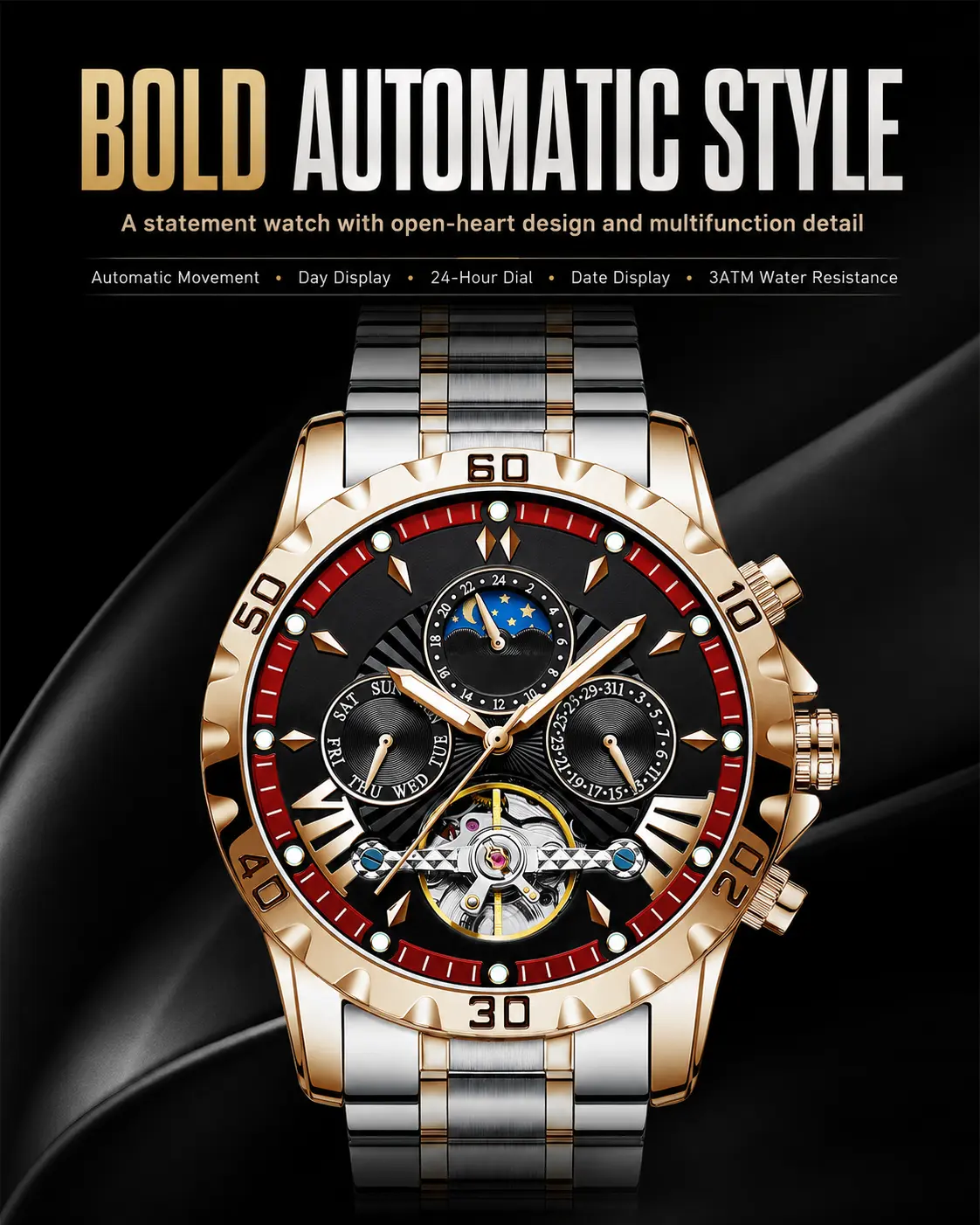 Men's 2-Tone Stainless Steel Wristwatch - Open-Heart Skeleton Automatic Self-Winding, Luminous Dial, Water Resistant, Round Business Dress Watch, Ideal Gift for Men