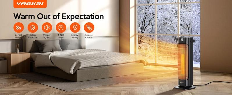 VAGKRI Space Heater, 1500W Portable Electric Heater with Thermostat, Remote, 3 Modes, Timer, Oscillating, Overheating & Tip-Over Protection, Fast Ceramic Heater for Bedroom Office Garage Indoor Use VAGKRI Space Heater, 1500W Portable Electric Heater with Thermostat, Remote, 3 Modes, Timer, Oscillating, Overheating & Tip-Over Protection, Fast Ceramic Heater for Bedroom Office Garage Indoor Use