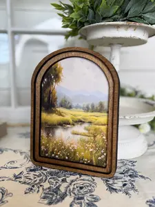 Spring Stream Arched Art Framed Wood Canvas Print for Wall or Shelf 8x6x0.8