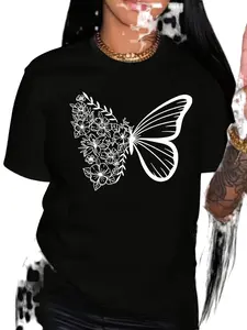 Women's Butterfly Print T-Shirt: Skin-Friendly Fabric, Crew Neck Short Sleeve, Loose Fit, 4-Season Wear, Plus-Size Friendly