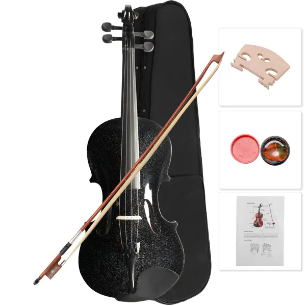 4/4 Full Size Hand-Carved Solidwood Acoustic Violin Kit for Beginner Adults - Hard Case, Bows, Rosin, Lesson Book, Shoulder Rest, Black, Easy to Kickstart Your Musical Journey
