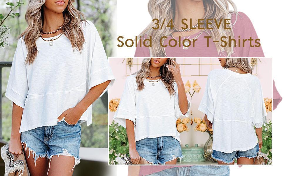 Imily Bela Women's Summer Casual Crewneck Batwing Half Sleeve T-Shirts Solid Color Loose Fit Cute Basic Flowy Tops Tees Blouses