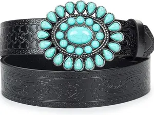 Western Cowgirl Belt for Women,Vintage Engraved Tooled Leather Belt Turquoise Cowboy Country Belt