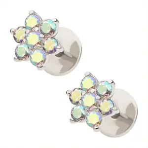 COMFY EARRINGS Aurora Borealis Flower Earrings with 7 Cubic Zirconia Stones in 316L Stainless Steel 18 Gauge Posts for Comfort and Style