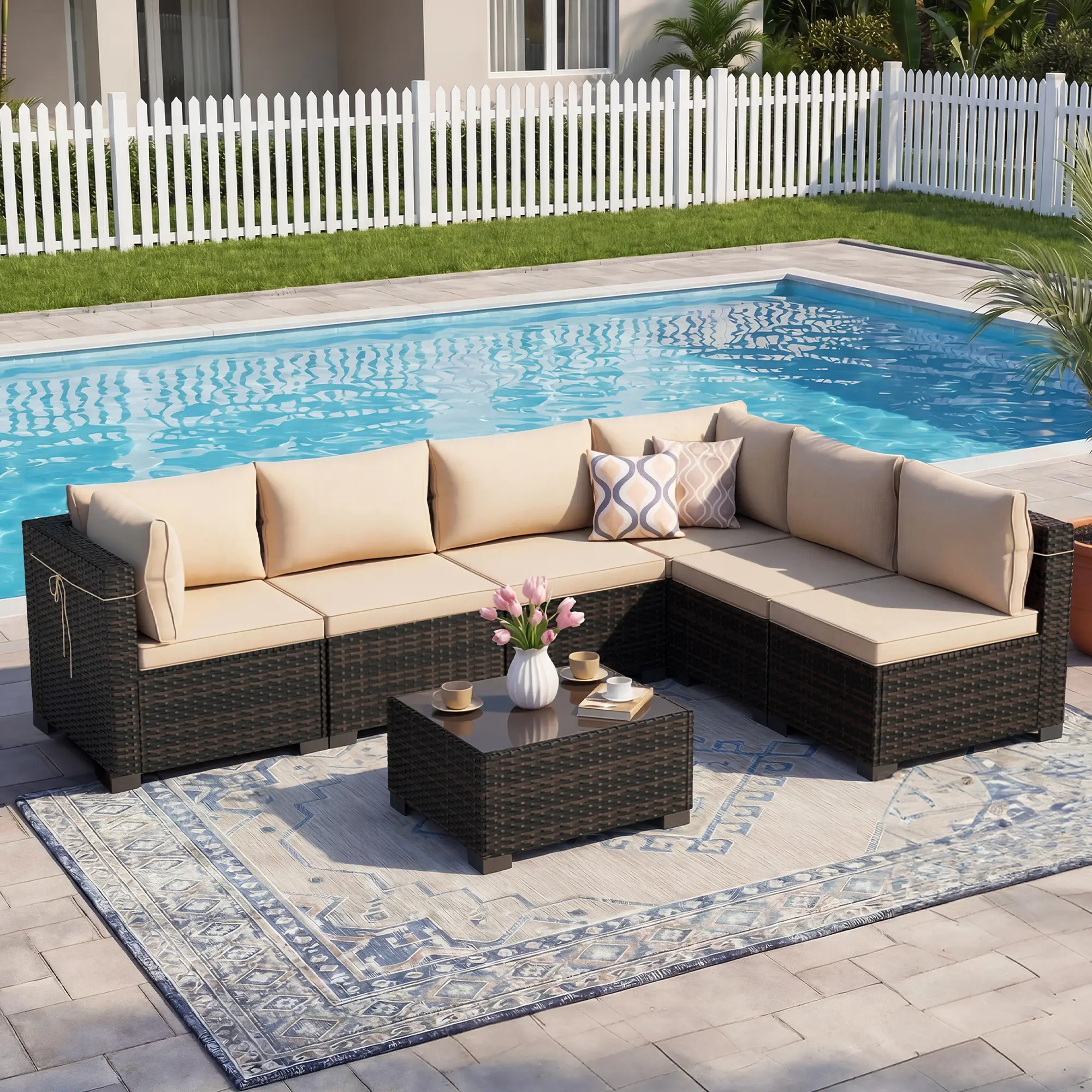 LEVELEVE 7-Pieces Outdoor Patio Furniture Set, Rattan Conversation Sectional Garden Furniture Set with Manual Weaving Wicker Sofa and Tea Table (2 Packages Shipping), Garden Furniture Sets