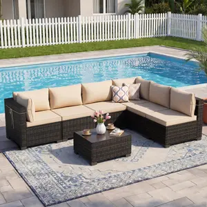 LEVELEVE 7-Pieces Outdoor Patio Furniture Set, Rattan Conversation Sectional Garden Furniture Set with Manual Weaving Wicker Sofa and Tea Table (2 Packages Shipping), Garden Furniture Sets