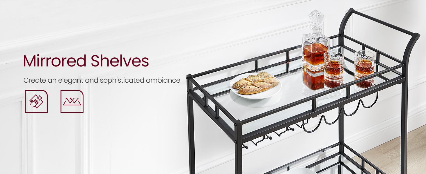 SONGMICS HOME VASAGLE Home Bar Serving Cart, Wine Cart with 2 Mirrored Shelves, Wine Holders, Glass Holders, for Kitchen, Dining Room Utensils SONGMICS HOME VASAGLE Home Bar Serving Cart, Wine Cart with 2 Mirrored Shelves, Wine Holders, Glass Holders, for Kitchen, Dining Room Utensils