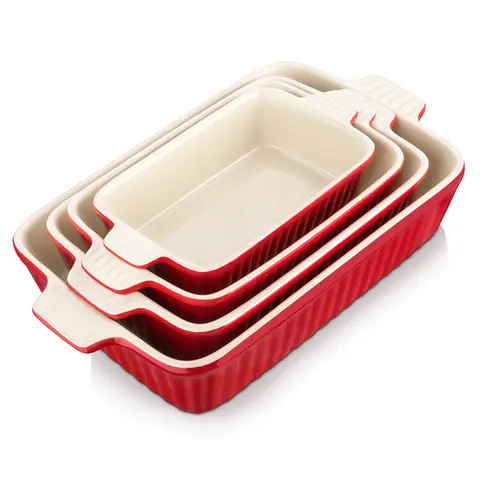 MALACASA 4-Piece Multipurpose Nestable Bakeware Kit - Rectangle Ceramic Casserole Dishes, Deep Lasagna Pans with Handles, Anti-Chip Oven-Safe Dishwasher-Safe Porcelain Casserole Kitchenware for Family Baking