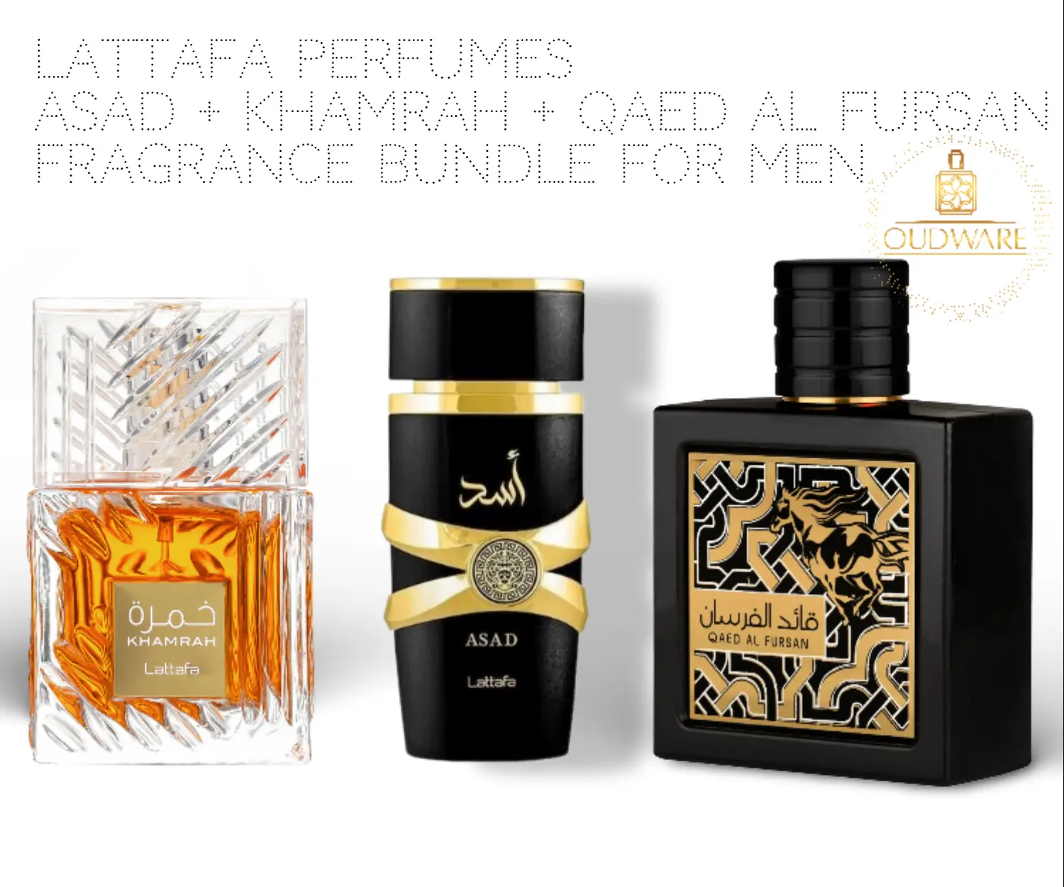 Lattafa Asad + Khamrah EDP 100ml (3.4 Oz) & Qaed Al Fursan EDP 90ml (3.04 Oz) - Long Lasting Fresh Woody Men's Fragrance Multi-Pack, Luxury Set Gift Bundle