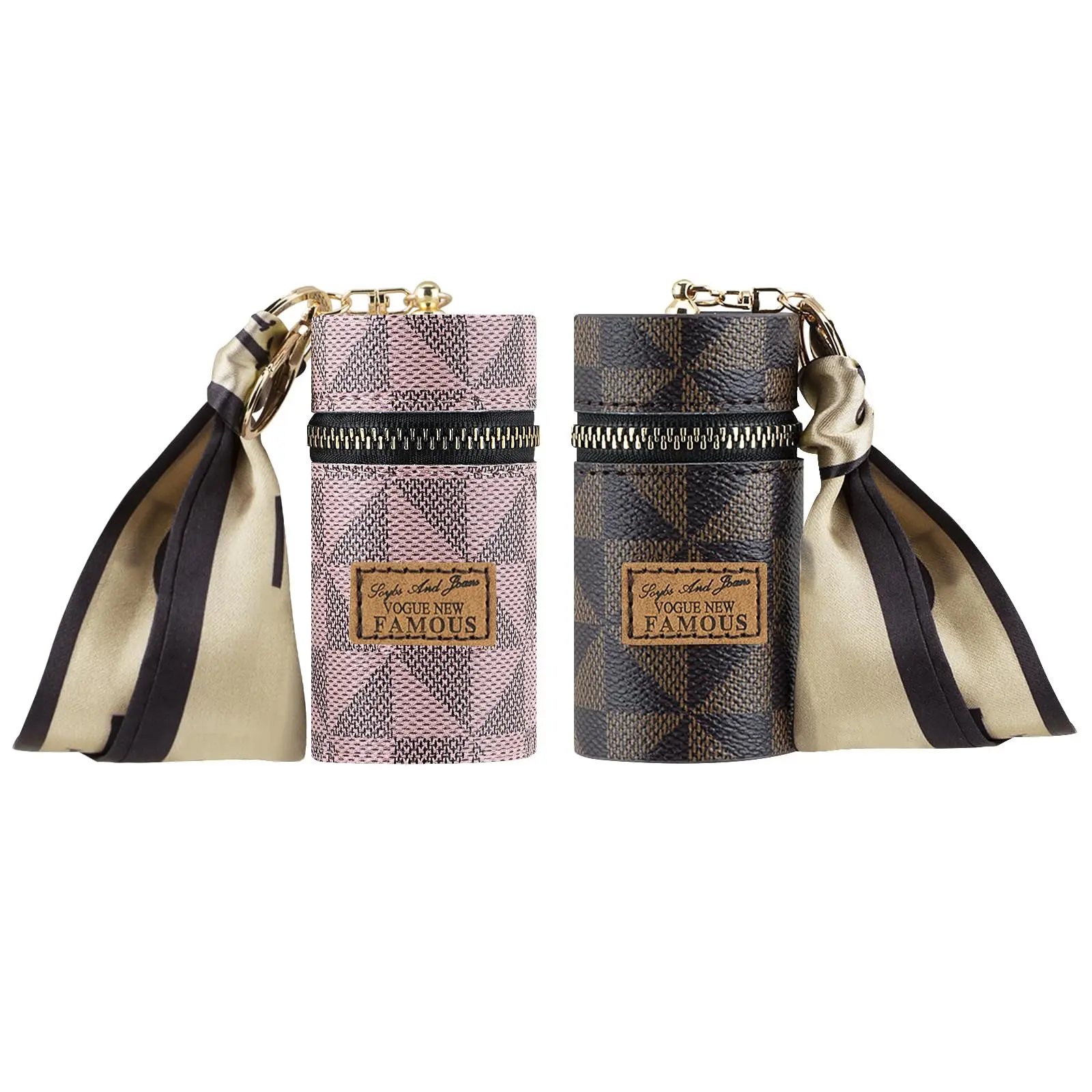 Vogue New Famous 2Pcs Lipstick Organizer Luxury PU Leather Lip Gloss Bag Mini Travel Case with Keychain for Purse Perfume Nail Polish Brown Pink Valentine's Day gift