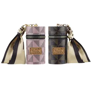 Vogue New Famous 2Pcs Lipstick Organizer Luxury PU Leather Lip Gloss Bag Mini Travel Case with Keychain for Purse Perfume Nail Polish Brown Pink Valentine's Day gift