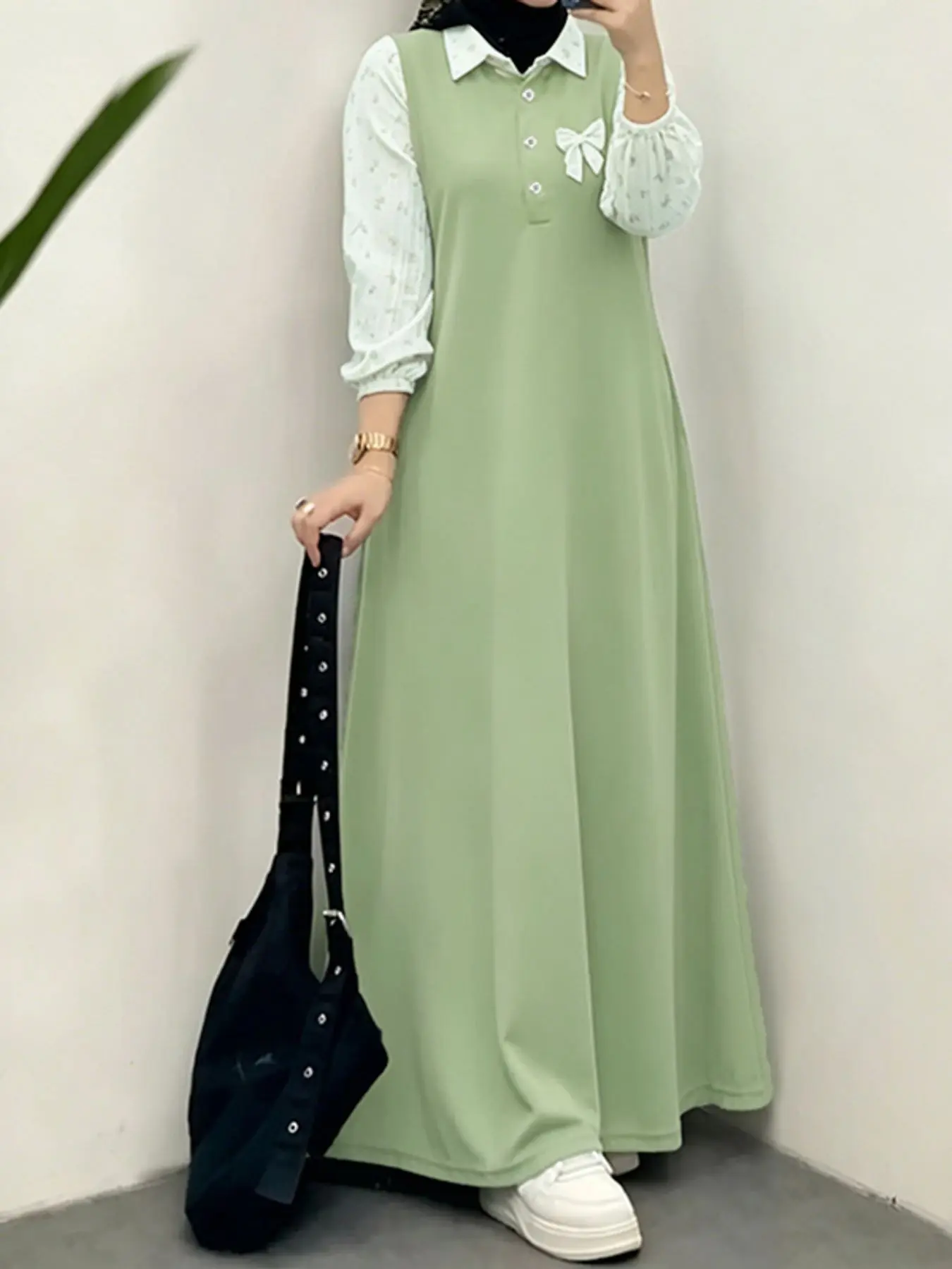 Women's Casual Dress, Shirt Collar Half Open Front, Bow Detail, Colorblock Patchwork, Buttoned, Long Sleeve, Loose Fit, All Seasons, Modest Style Dress, Long Sleeve Dresses, Modest Clothes