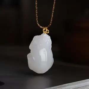 Hand Carved White Jade Pendant Classic Pixiu Design Perfect Gift for Him & Her Natural Off-white Color 23.7mm × 17.3mm × 11mm Lightweight Comfortable Daily Wear