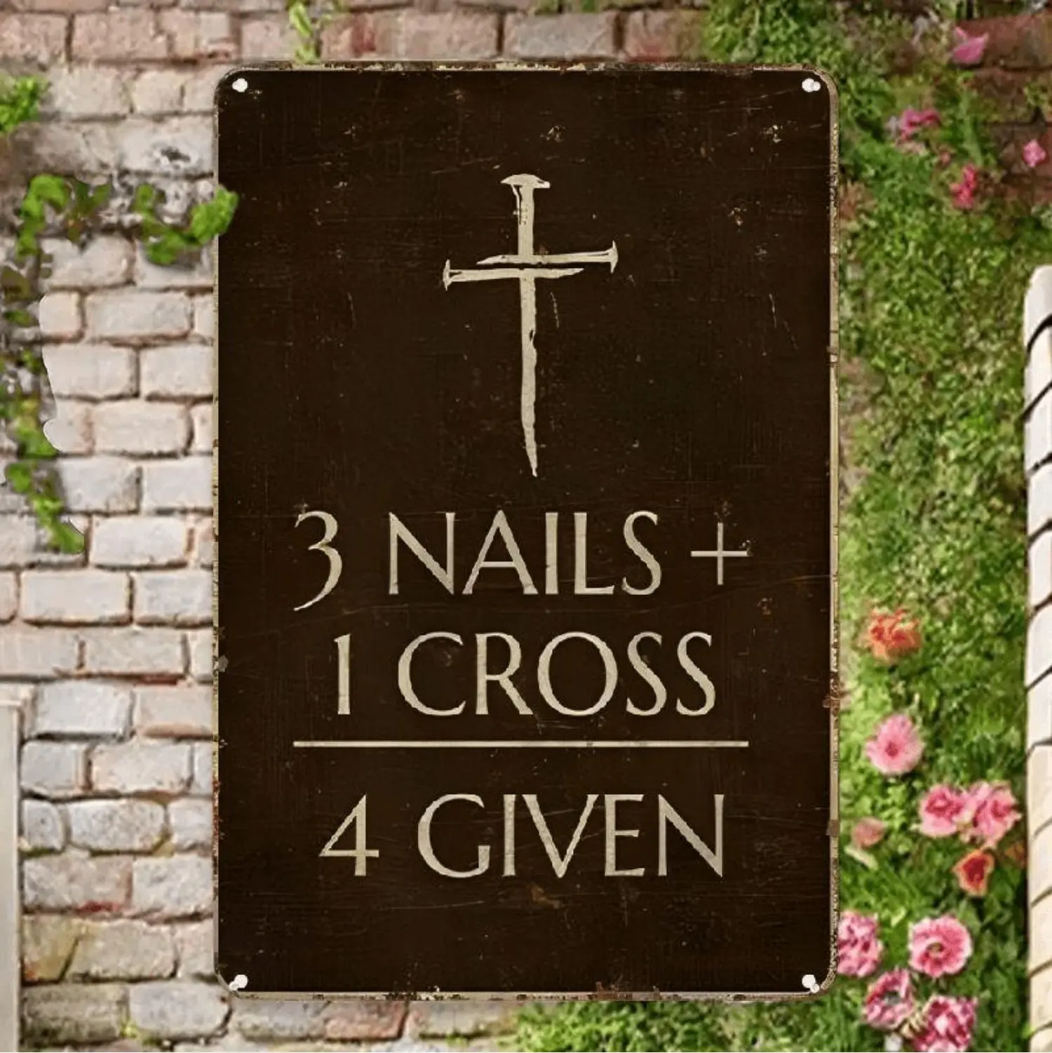 2D Flat Room Decor 1pc Christian Faith Iron Tin Sign, "3 Nails + 1 Cross = 4 Given" Engraved Metal Plaque, 12x8 Inches, Religious Wall Decor, with Spiritual Home Accent for Easter Holiday Gift, 2D Flat