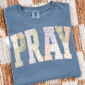 Comfort Colors Pray T-shirt, Faux Quilted Religious Shirt, Faux Embroidered Christian Sublimation T-shirt, Varsity Faith Shirt, Preppy Cottagecore Worship Tee