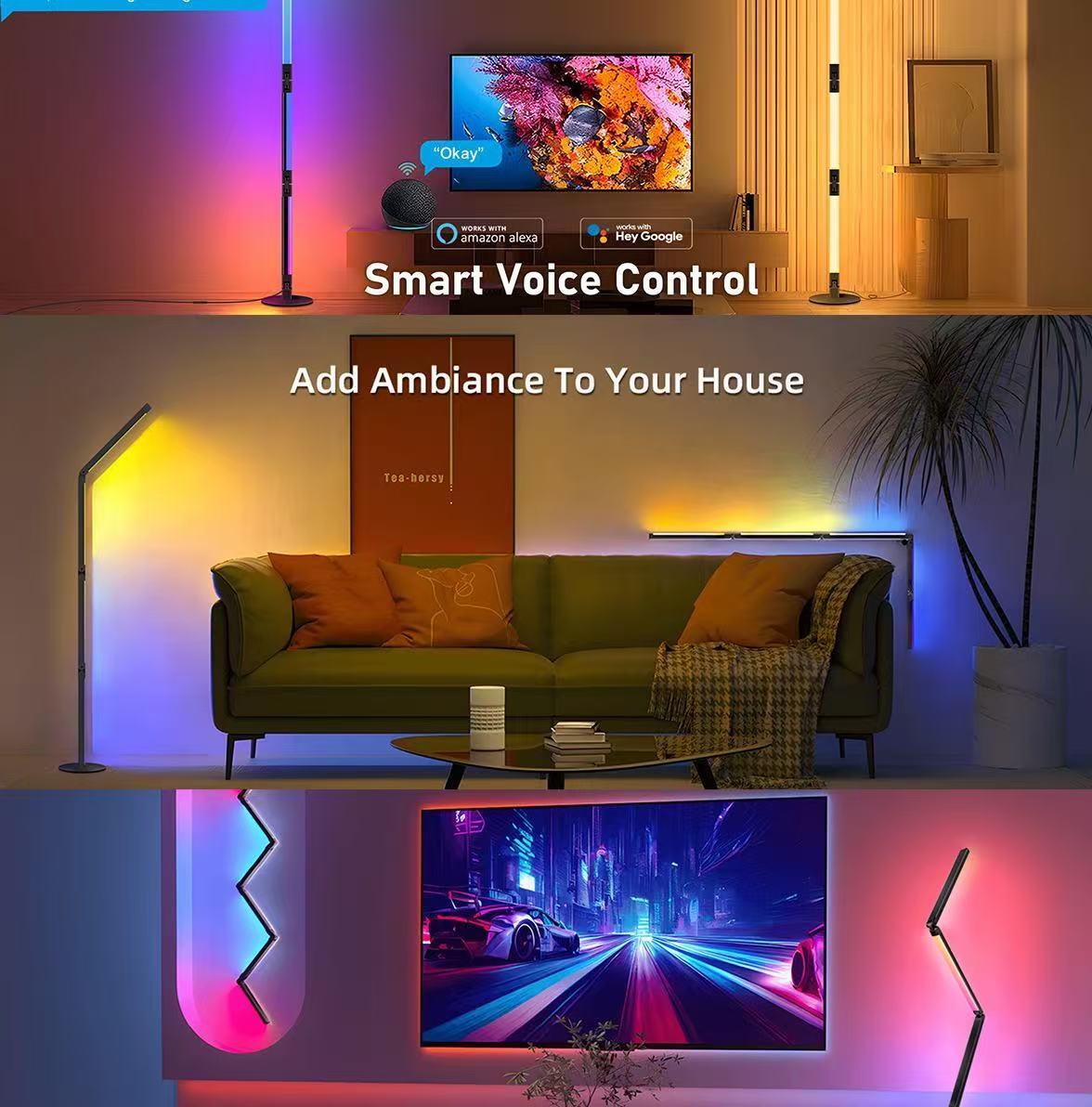 smart RGB floor lamp supports both app and remote control. Its foldable design allows for easy DIY customization, the lamp tube rotates 360°, and it features a music-synchronized timer function. Suitable for bedrooms, living rooms, and home décor.