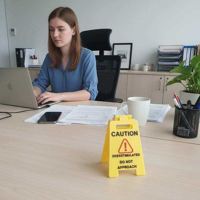 3D Printed Humor Caution Overstimulated Do Not Approach Desk Sign is a novelty office cubicle decor funny prank gift and White Elephant Present cute mini signage to signal boundaries
