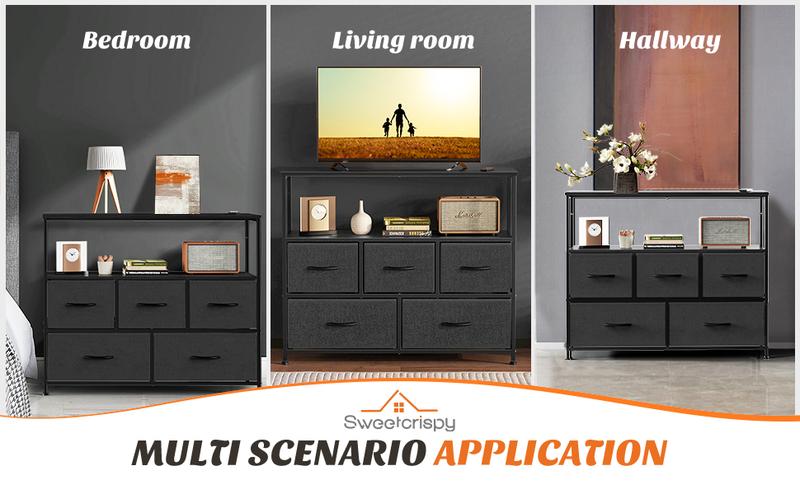 Entertainment Center with 5 Fabric Drawers, Media Console Table Open Storage Shelf Dresser for Bedroom/Living Room/Hallway, TV Stand with 5 Drawers