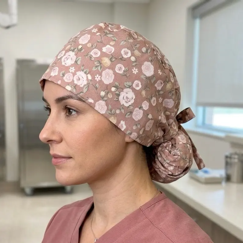 Satin lined Ponytail Scrub Cap for Women Medical Surgery Uniform Hat with Hair Pouch Neutral Tan Color with Rose Floral Print for Nurses OR Surgical Techs & Doctors