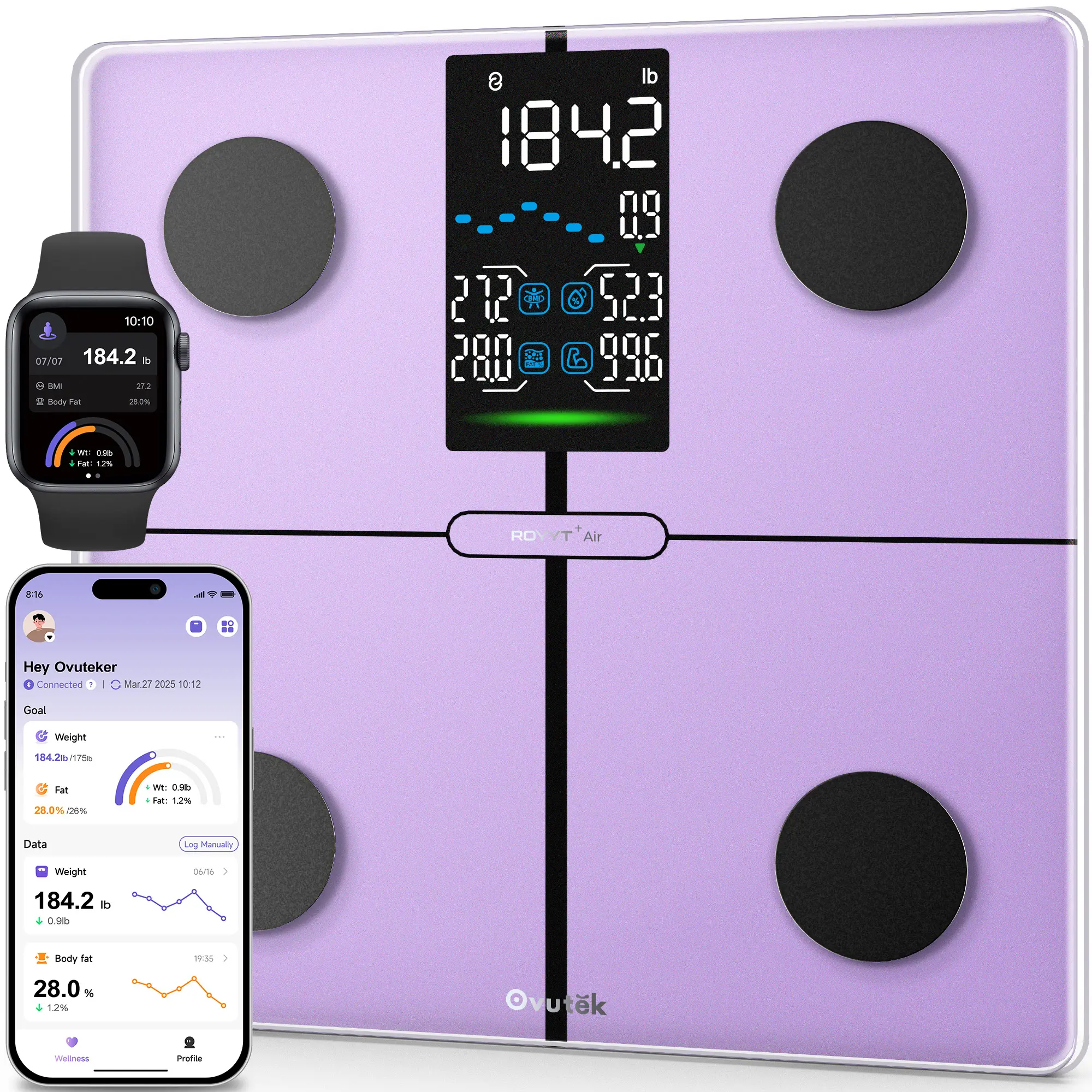 OVUTEK Smart Scale for Body Weight,Purple, Professional Bathroom Digital Scale with BMI, Body Fat, Muscle Mass, Most Accurate to 0.05lb, Large Display High Accurate Body Composition Machine with Fitness App, 400LB