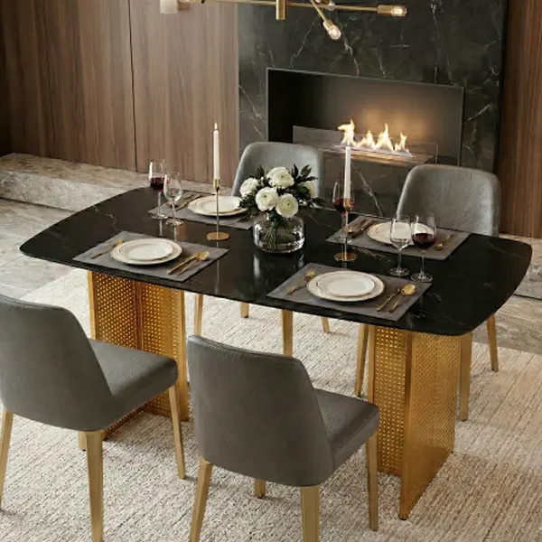 Bellemave Modern-Style Rectangular Tempered Glass Dining Table for 6 - Marble-Patterned, Golden Hollow-Out Metal Legs, Gold Accent Trim Dining Room Furniture for Living Rooms, Home Offices