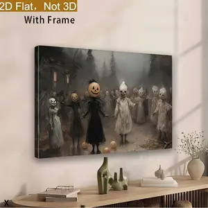2Dflat with Frame 2D Flat, 1pc Frame Halloween Gothic Style with Pumpkin Painting - Retro Halloween Poster with Ghost Characters, Hanging Horror Wall Decoration for Living Room, Bedroom, Office - Indoor Horizontal Canvas Art Print, Holiday Room Dec