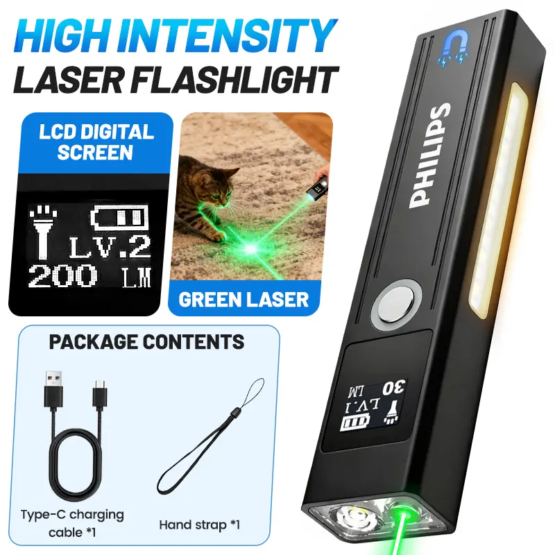 Philips SFL6256 Rechargeable EDC Tactical Flashlight - 1200 Lumens LED, Compact, Magnetic, Waterproof, Dustproof, Shockproof, Abrasive-Resistant, Drop-Resistant Body, 9-Mode Portable Outdoor Light for Hikers/Fishers, Emergency Survival; Set Includes Cable
