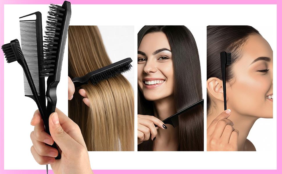 Pink Hair Brush Set 16 Counts Detangler Wide Tooth Comb Satin Bonnet Nylon Bristle Brush Edge Tool Kit for Curly Hair Styling Detangling Hairbrush