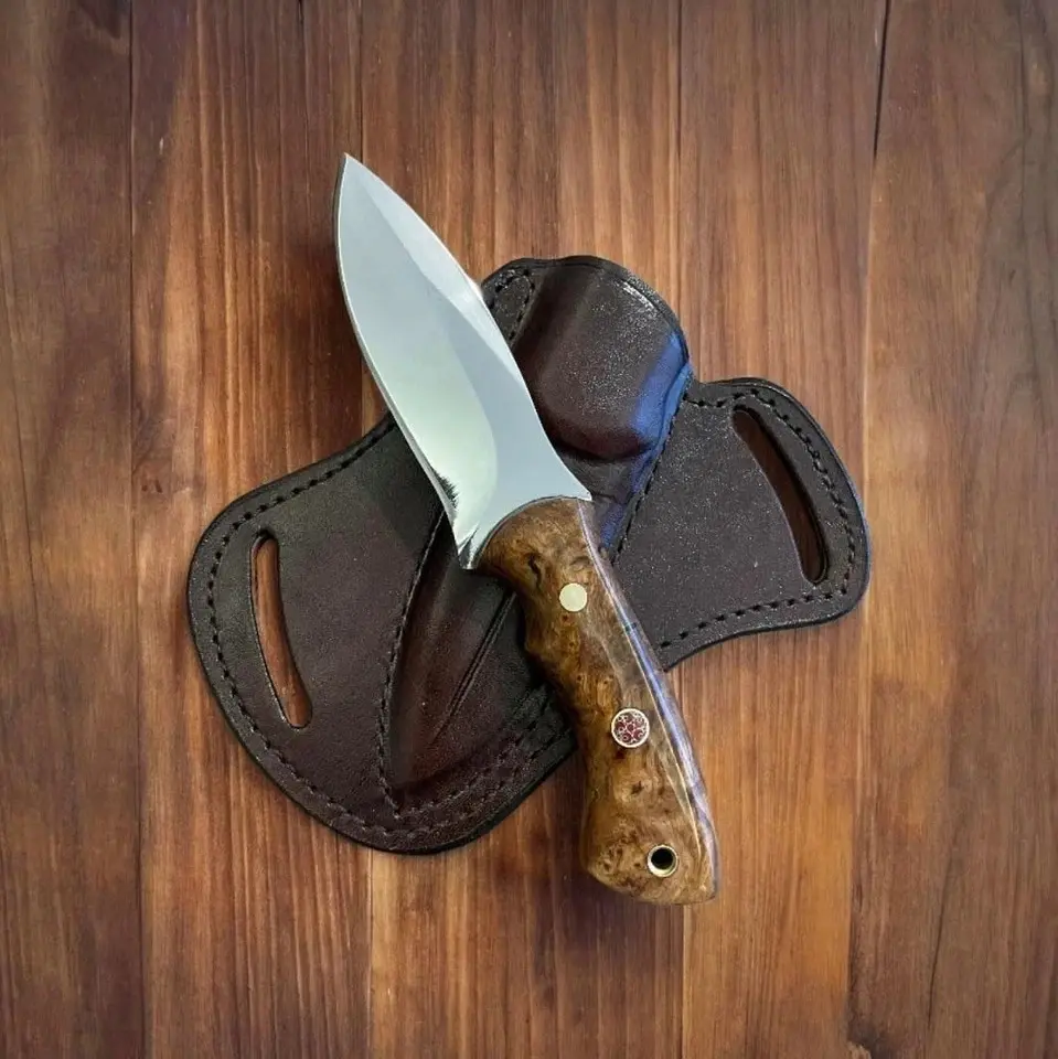 Hunting knife outdoor camping knife, 4 inches blade made of 1075 carbon steel overall  8 inches with leather sheath