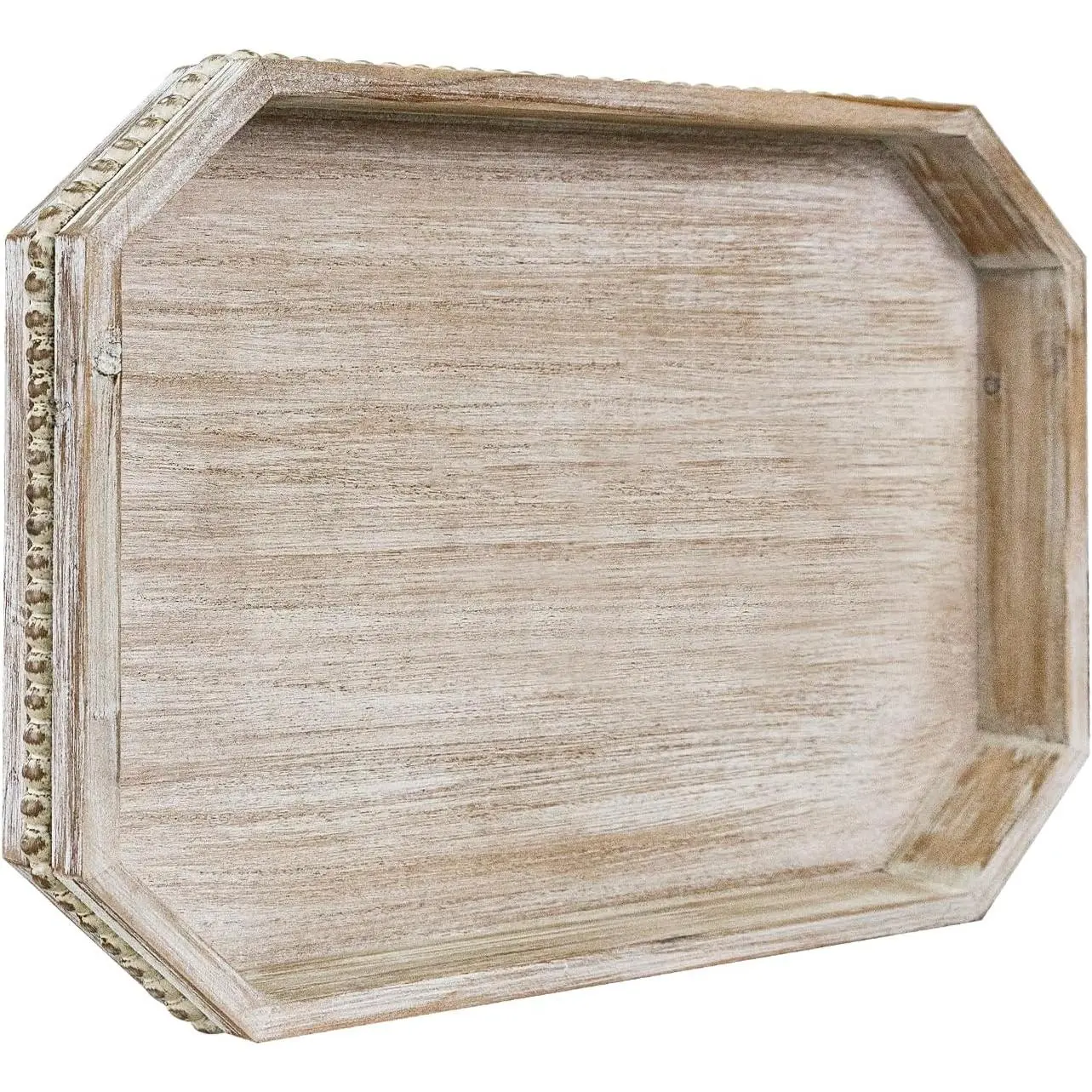 Wooden Decorative Tray Rustic Serving Tray with Wood Bead Farmhouse Big Tray for Ottoman Countertop Coffee Table 16.5" x 13"x 1.6" (White Washed)
