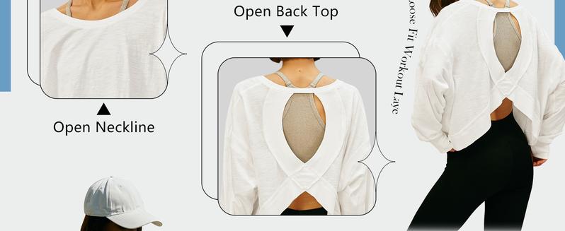 Ommig Womens Open Back Workout Top Long Sleeve Athletic Shirts Casual Crop Running Tee Y2k Yoga