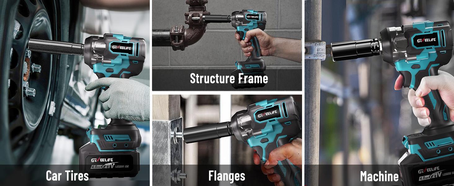 GEVEELIFE 750Nm 3 in 1 Brushless Impact Wrench 1/2" Cordless 3300RPM, 2×4.0Ah Batteries, 6 Sockets Car DIY Furniture Lawn Mower