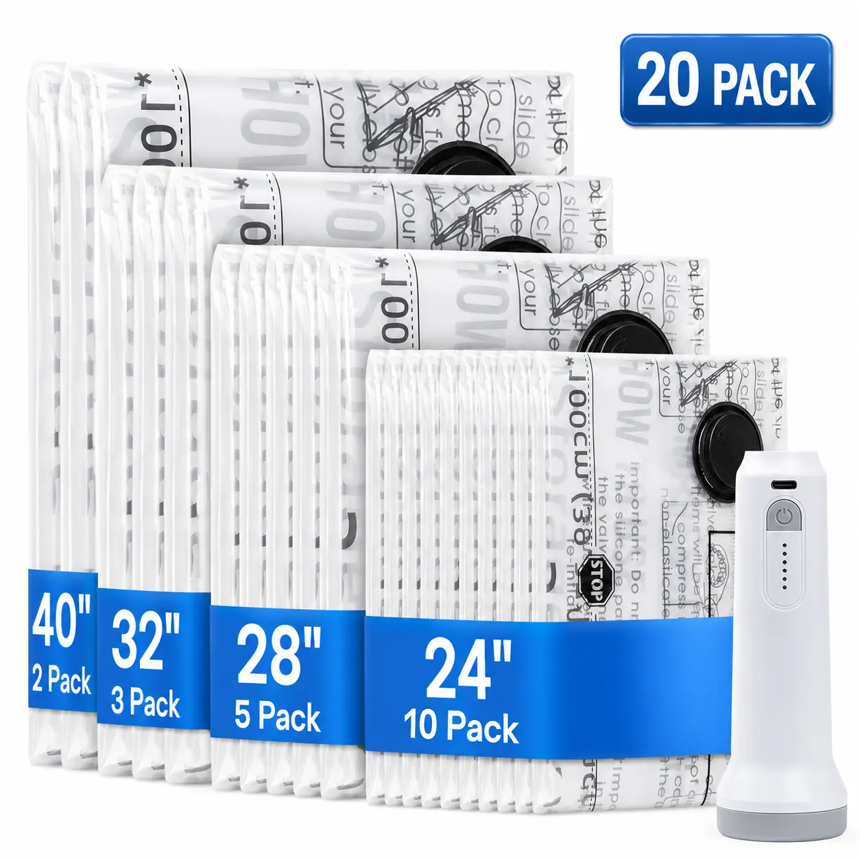 20 Pack Vacuum Storage Bags for Travel with Rechargeable Cordless Electric Pump, Carry-On Compression Packing Bags for Luggage & Suitcase, Space Saving Bags for Clothes and Clothing