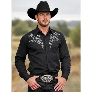 Men's Black Western Denim Shirt - slim fit, long sleeves, button with chest pocket, tribal pattern, suitable for all seasons, perfect for Western themed events, Western event clothing | fashionable men's shirt | slim fit shirt