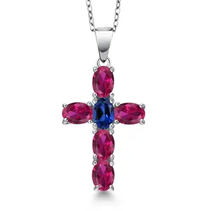 925 Sterling Silver Red Created Ruby and Blue Created Sapphire Cross Pendant Necklace for Women | 3.10 Cttw | Gemstone July Birthstone | Oval 6X4MM | With 18 Inch Chain