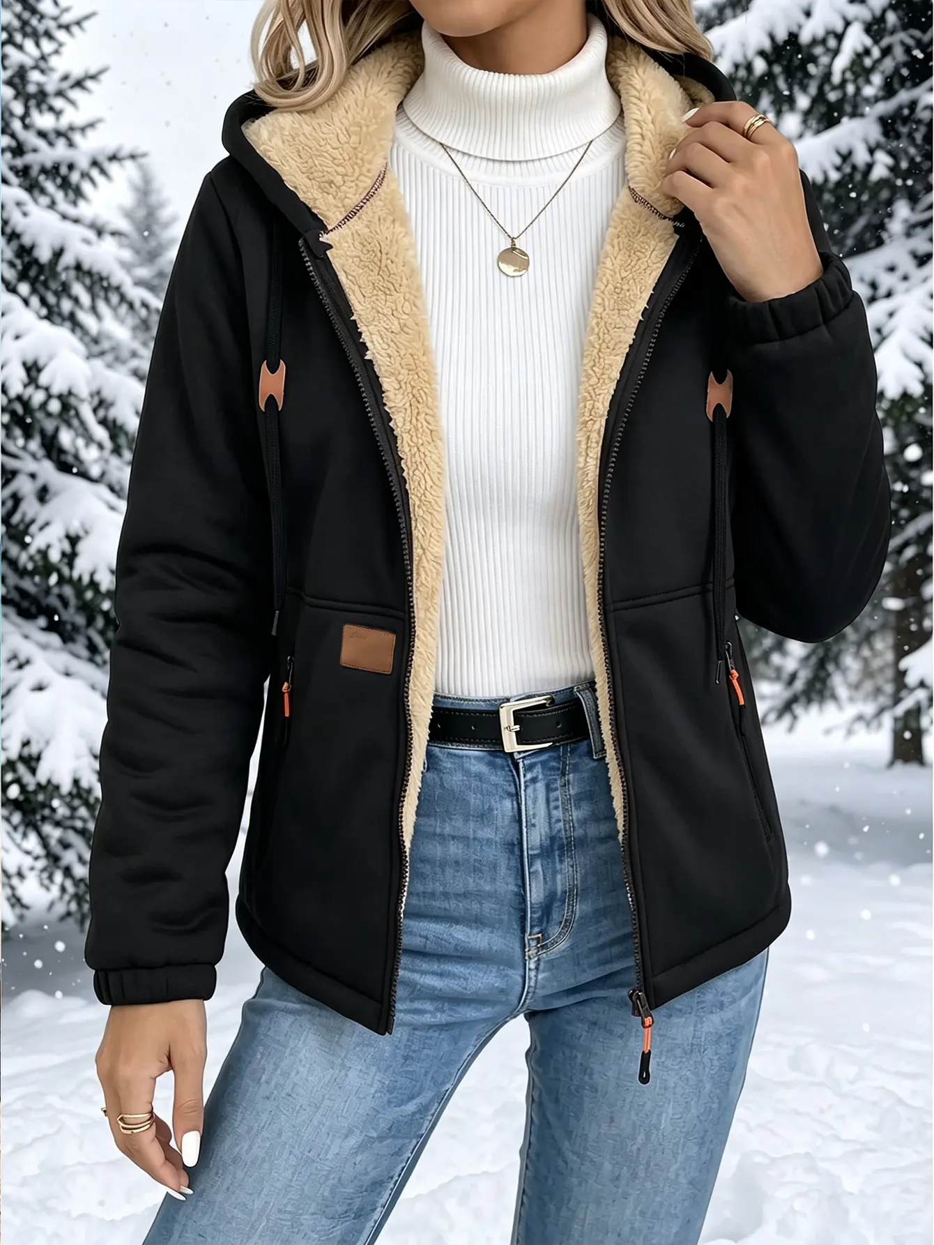 Women’s winter fleece lined hooded jacket, full zip outerwear with a knit composite fleece lining, warm casual outdoor jacket, loose fit autumn/winter jacket suitable for commuting and everyday wear