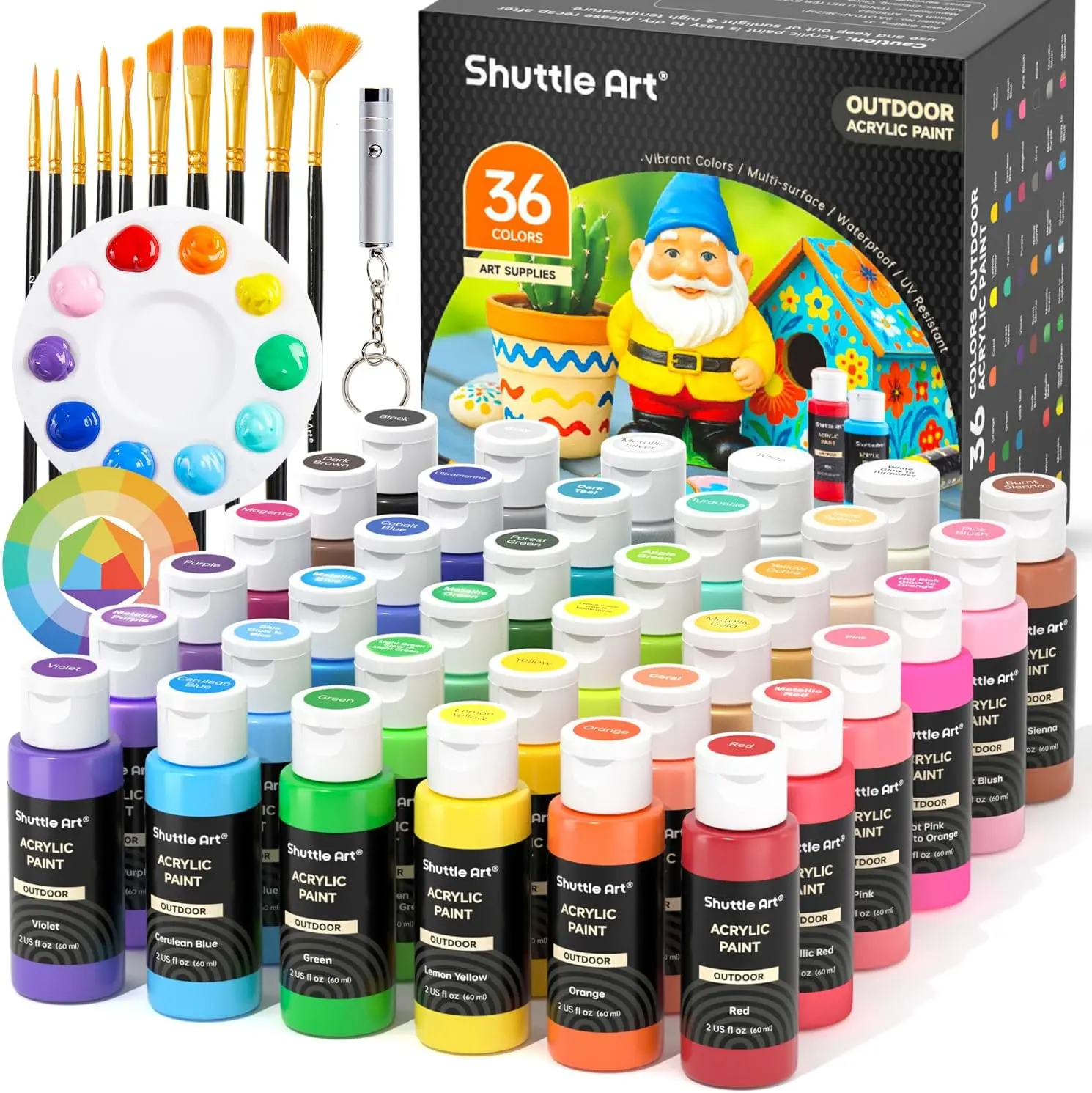 Shuttle Art 12/25/36 Colors Outdoor Acrylic Paint Set, 2oz/60ml Waterproof Acrylic Paint with 10 Brushes 1 Palette, Rich Pigmented Paints for Artists, Beginners on Rocks, Wood Crafts, Garden Statues